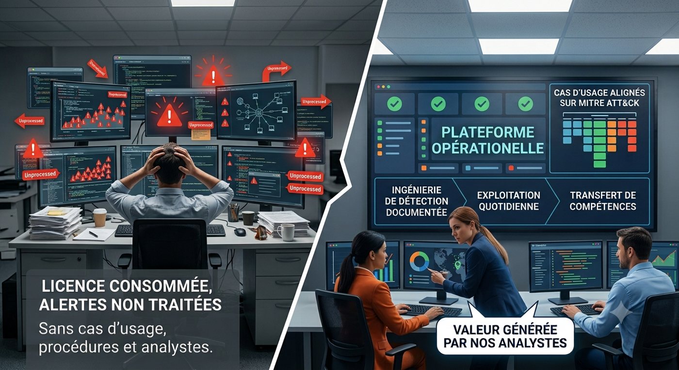 À gauche, un analyste seul submergé d'alertes non traitées ; à droite, une équipe qui exploite une plateforme opérationnelle avec des cas d'usage alignés sur MITRE ATT&CK